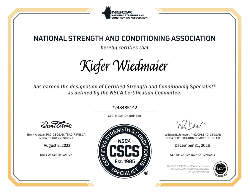 NSCA Certified Strength and Conditioning Specialist certificate awarded to Kiefer Wiedmaier